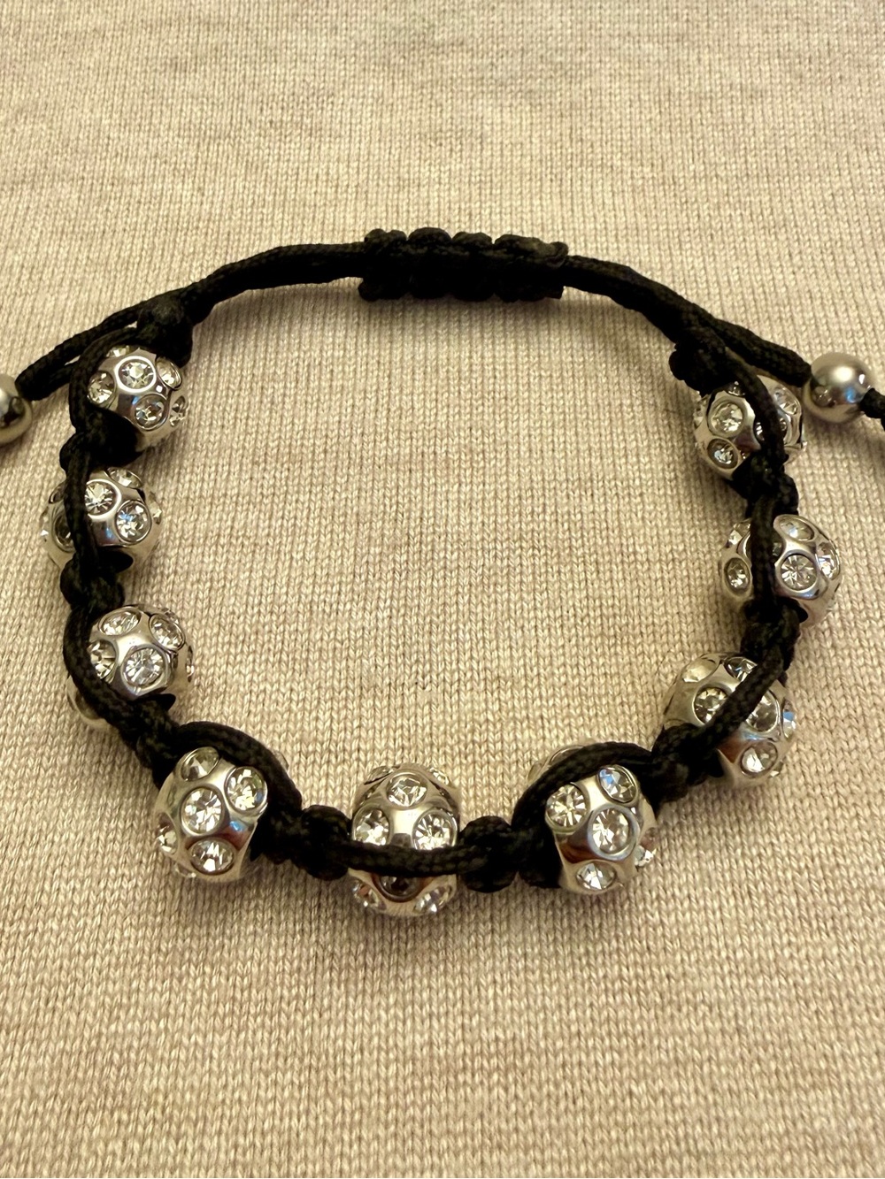 Black Cord Bracelet with Stainless Steel Silver Crystal Beads